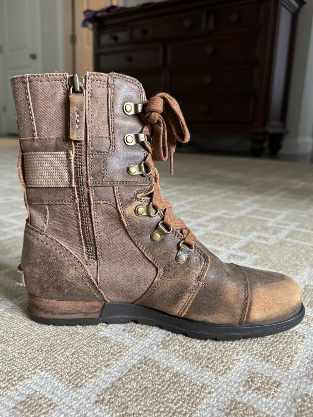 Sorel Major Carly Distressed Leather Canvas Combat Boots Brown Size 8.5 - Picture 8 of 16